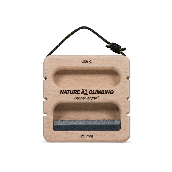 Stone Hanger Beech portable hangboard – front view with granite edge and rope