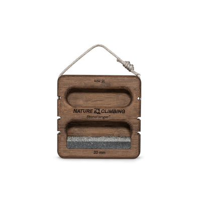 Stone Hanger Smoked Edition portable hangboard – front view with granite edge and rope