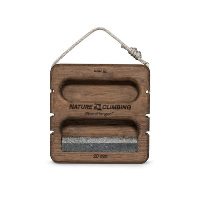 Stone Hanger Smoked Edition portable hangboard – front view with granite edge and rope