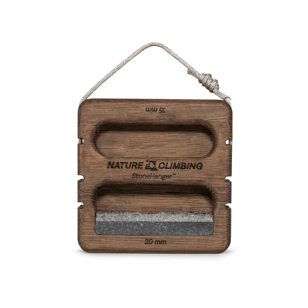 Stone Hanger Smoked Edition portable hangboard – front view with granite edge and rope