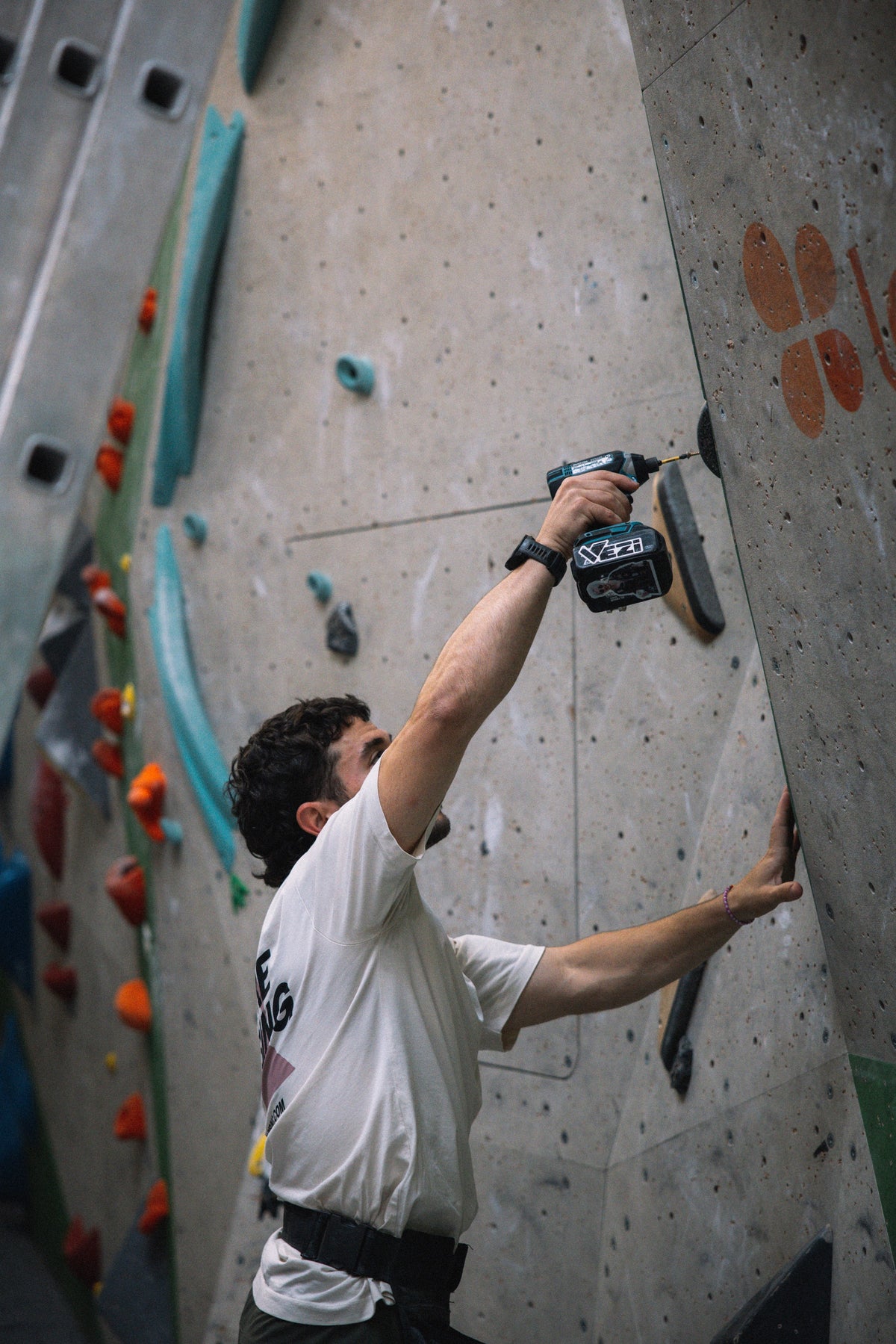Route setter mounting Nature Climbing holds on a gym wall